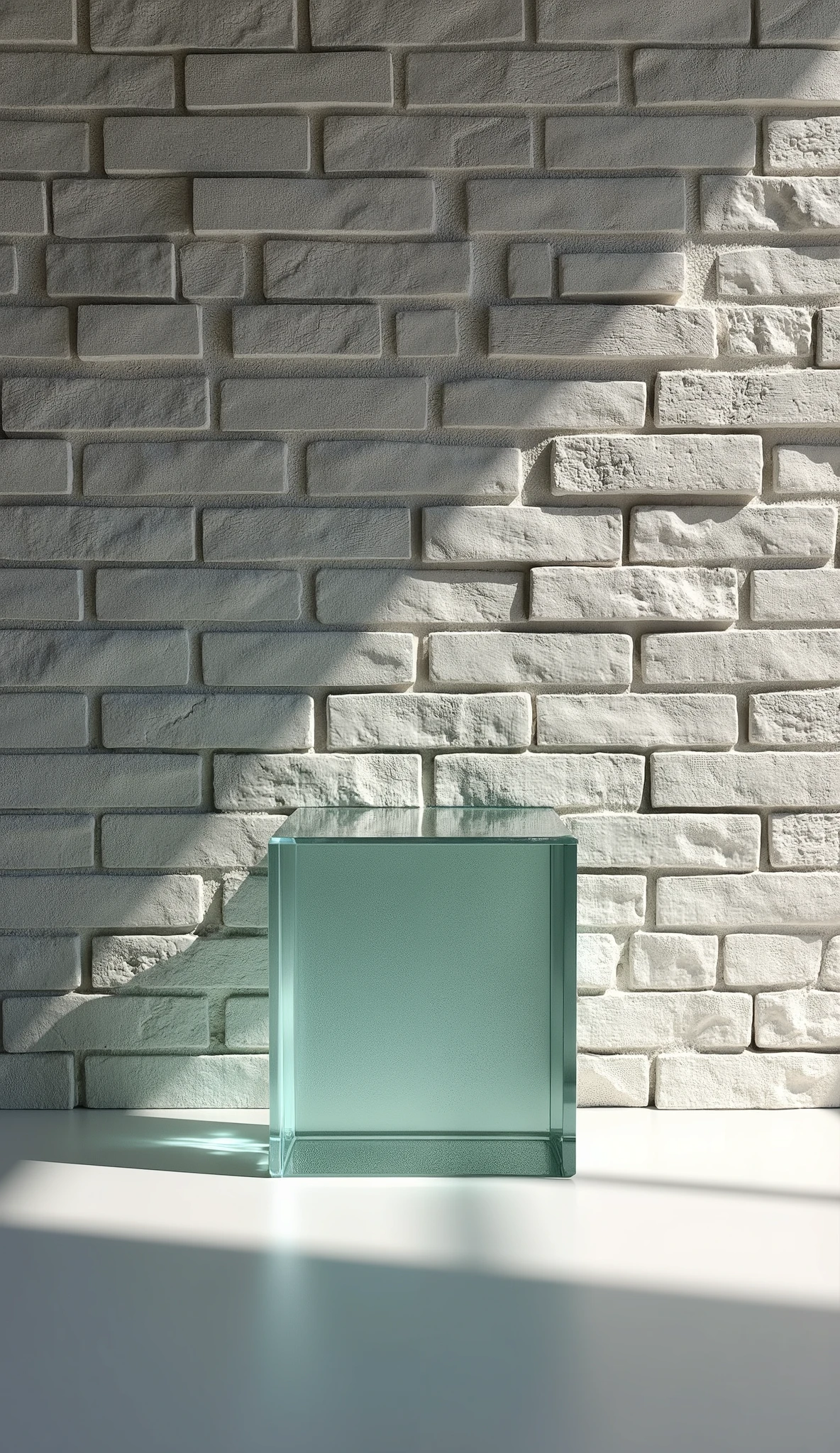 "Generates an image showing a brick stone textured background wall, everything looking straight ahead, highlighting the irregular and natural details of the stone, mostly cracks. The floor must be smooth and uniform., contrasting with the texture of the wall. on the floor, place a simple transparent glass cube, transparent and geometrically precise, that reflects light subtly and shows the details of the environment through its faces."