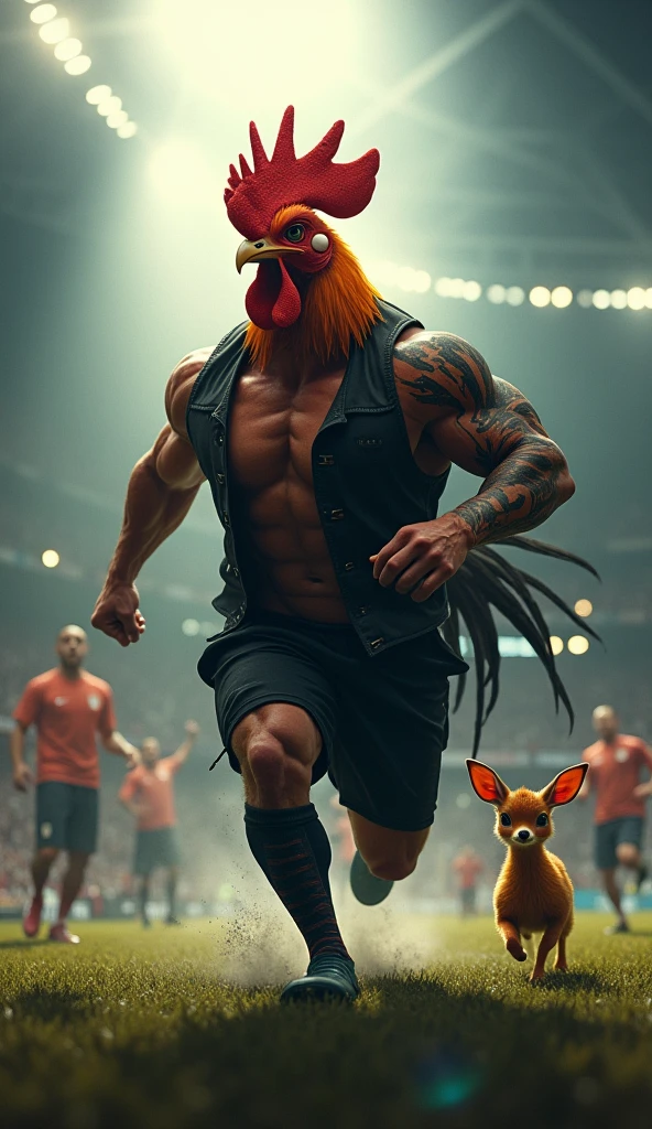 rooster bird in the spotlight, muscular, puffy chest, open black vest, black tattoo, in a soccer stadium, running after a bambi, fans in the background, black smoke in the air