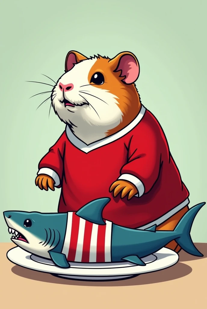 A guinea pig in a giant red football shirt dining on a dead shark in a white and red striped shirt on a plate in cartoon style