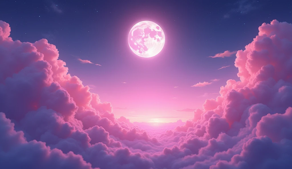 The sky is pinkish purple, dark and dark, with a moon and a room full of clouds.
