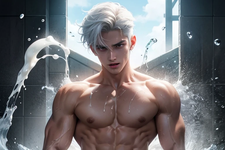 A young boy with white hair，fair skin，handsome，The triangle briefs are wet, so I took half of them off.，裸上半身Soaked in milk，Showing six-pack abs and chest muscles with water droplets on them，Soaked in milk，纖細長腿Soaked in milk，There is a big protrusion from below and milk is spurting out，Soaked in milk，Tilting their head back, they wore an expression of comfort.，Milk flows from the corners of the mouth，Sticking out tongue，Drinking milk，Very shy expression，Milk flows from the corner of the mouth，covered in milk，soak in milk，There&#39;s milk on your face too，Milk flows from the corners of the mouth，身上Soaked in milk，Complete character，To the light，The light shines on the abdominal muscles，milk everywhere