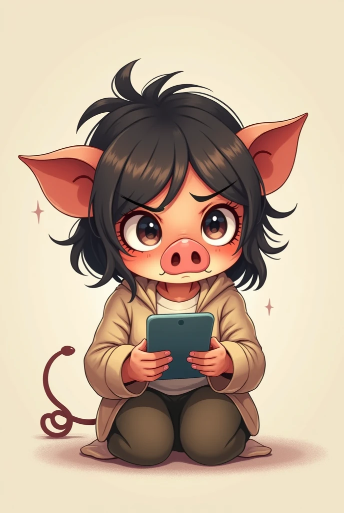 Take me a picture of a child with a pig face and a cell phone writing anxiously and make it look like the child is annoying, that he is a girl and that he is very very ugly.
