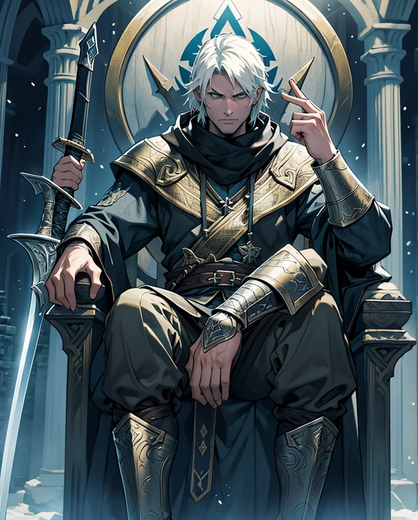 Please create a high-definition cover for my novel with a domineering man holding a huge sword in both hands and sitting on the throne with legs open.，This is its introduction：Winter is coming，The fate of Skyrim hangs by a thread。The Thalmor&#39;s cavalry tramples this ancient land，The shadow of the dragon looms over the world。And he，Relos，A humble bastard，But holds the power to change everything - the blood of the Dragonborn。 　　But it&#39;s not salvation he desires，But conquer。He will pave a bloody road to the pinnacle of power with iron, blood and fire，Stepping on the corpses of enemies，Ascend the  and cold throne。