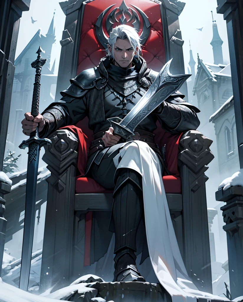 Please create a high-definition cover for my novel with a domineering man holding a huge sword in both hands and sitting on the throne with legs open.,This is its introduction:Winter is coming,The fate of Skyrim hangs by a thread。The Thalmor's cavalry tramples this ancient land,The shadow of the dragon looms over the world。And he,Relos,A humble bastard,But holds the power to change everything - the blood of the Dragonborn。 But it's not salvation he desires,But conquer。He will pave a bloody road to the pinnacle of power with iron, blood and fire,Stepping on the corpses of enemies,Ascend the and cold throne。