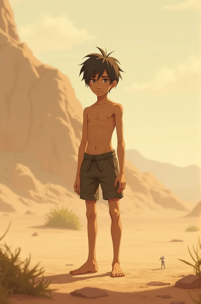 (masutepiece, Best Quality),1boy,(younge boy,child-faced,Boy's face),a baby face,infancy,sideface,Naked standing in the desert,infancy,young age,short round face,Flat chin,finely detaild face,Gray shorts,well-muscled，short-hair,radiant eyes,opens his eyes wide,with an intricate,Abs pectoral muscles,vivd colour,(depth of fields:1.2),(Abs),Full body portrait with serious expression