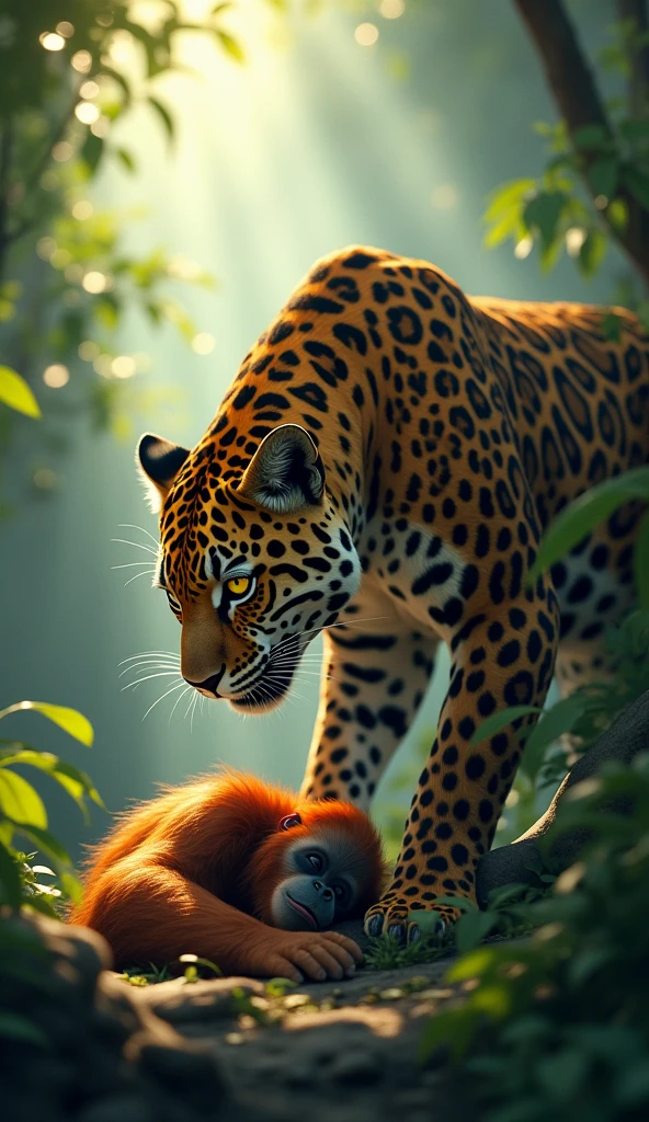 A serene jungle scene where a powerful Jaguar is seen crouching over a resting powerful orangutan on the forest floor. The Jaguar, with its sharp yellow eyes, displays a protective and curious stance, while the orangutan sleeps peacefully, its orange fur contrasting with the Jaguar’s spotted coat. Soft rays of sunlight penetrate through the dense trees, casting a mystical glow over the scene, with the forest in the background shrouded in a light mist