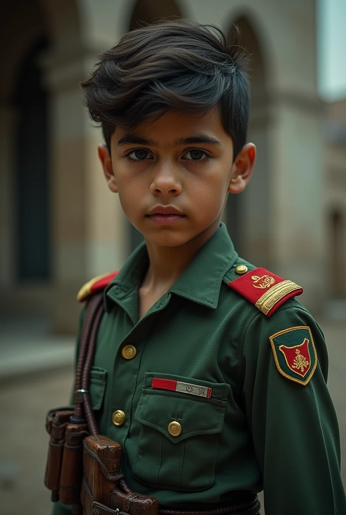 a pakistani boy, detailed face, intense eyes,, full body shot, military uniform, middle eastern setting, dramatic lighting, cinematic composition, gritty realism, muted color palette, (best quality,4k,8k,highres,masterpiece:1.2),ultra-detailed,(realistic,photorealistic,photo-realistic:1.37)