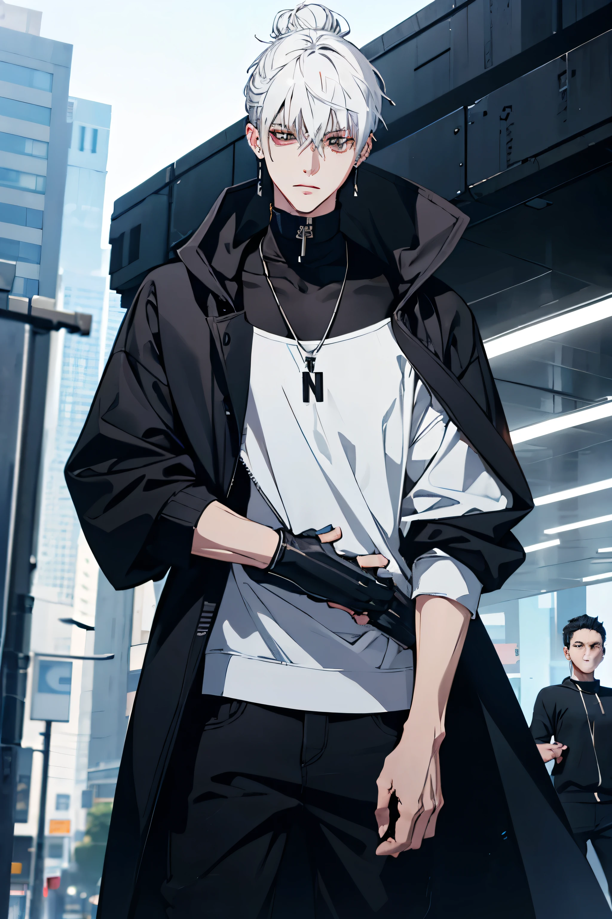 Anime man gradient young white hair short shaved sides flip hair bun to left side in middle serious face with black earrings black sweatshirt speed jeans futuristic clothes black dark circles big black hair big brown hair extremely futuristic clothes futuristic clothes skinny sweatshirt black jeans male cloak that covers the shoulders