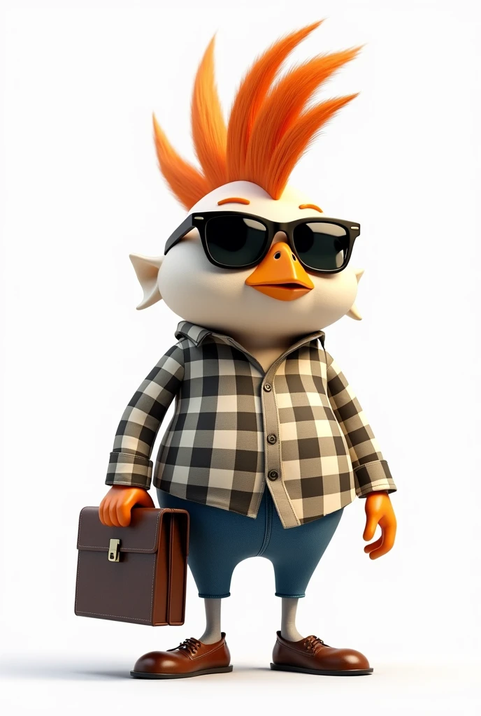 Flork with mohawk hair, sunglasses, checkered shirt, holding a briefcase, white background png