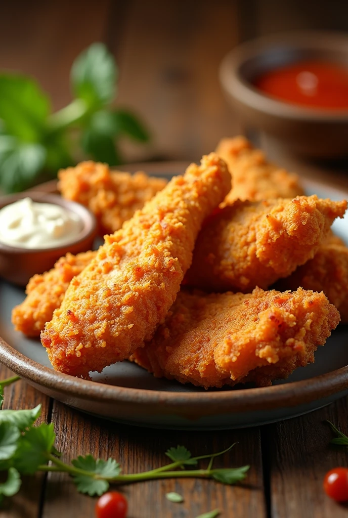 crispy chicken,tender chicken,food photography,chicken tenders,high quality,8k,detailed,photorealistic,studio lighting,professional food photography,warm lighting,delicious food,golden brown chicken,crispy skin,juicy meat,beautifully plated,ceramic plate,wooden table,natural ingredients,fresh herbs,close-up shot