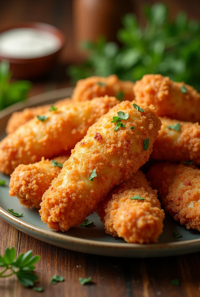 crispy chicken,tender chicken,food photography,chicken tenders,high quality,8k,detailed,photorealistic,studio lighting,professional food photography,warm lighting,delicious food,golden brown chicken,crispy skin,juicy meat,beautifully plated,ceramic plate,wooden table,natural ingredients,fresh herbs,close-up shot