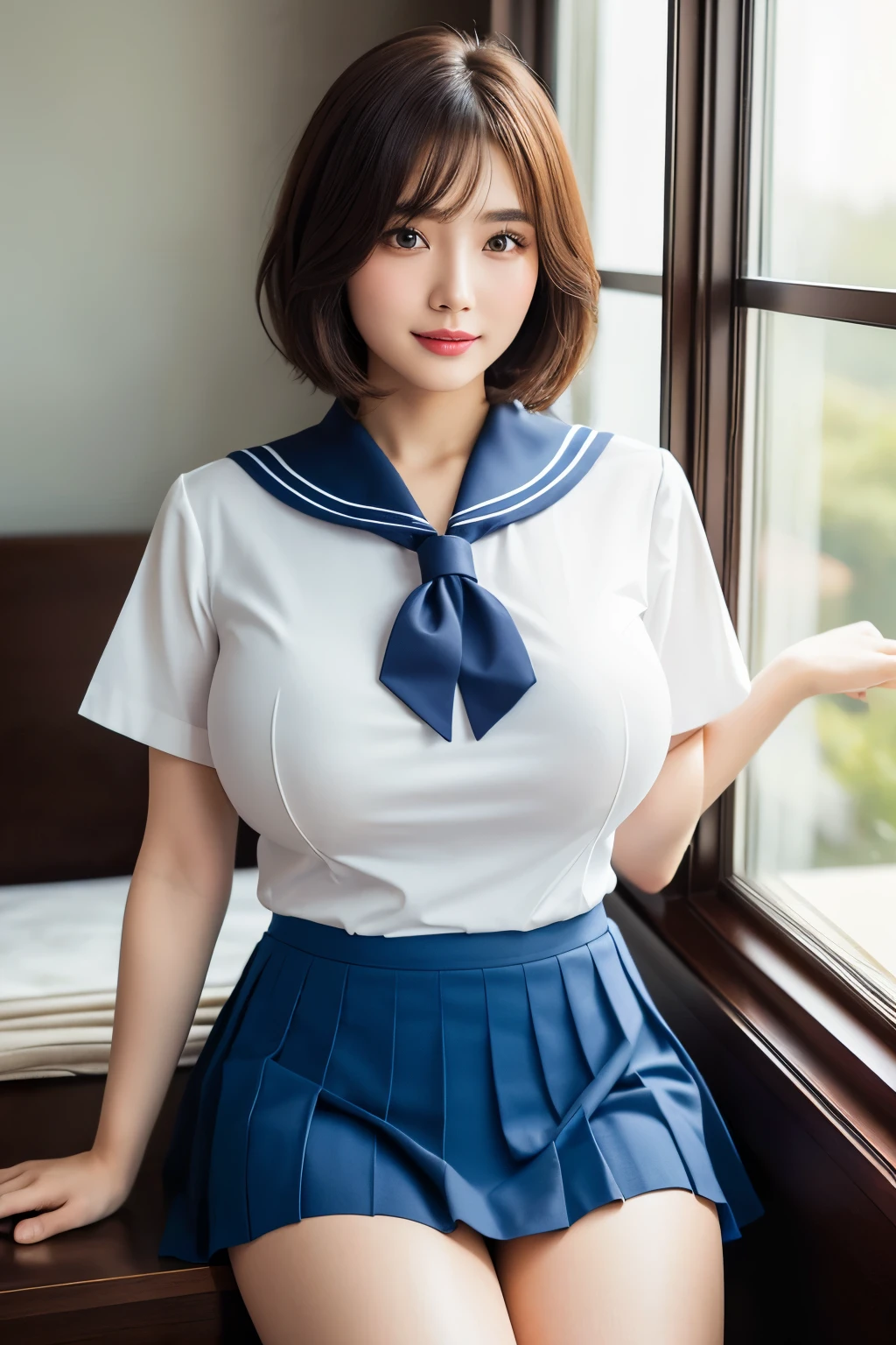 (highest quality、table top、8K、best image quality、Award-winning work)、1 woman、((a sailor suit)),((Short sleeve uniform white shirt)),(red necktie),(Blue Mini Pleated Skirt),(((skirt lift by yourself:1.4))),(lifted by self),(Showing panties:1.4),panties on,panties focus,((Sit up,spread legswide)), socks, (Black knee socks),(Loafer shoes), (short hair:1.1)、(baby face:1.2)、the biggest smile looking at me、(big breasts:1.6)、perfect fit、(emphasize body line:1.2)、very low length、(glamorous body:1.2)、(chubby body type:1.2)、Stand gracefully by the elegant and beautiful window.、(standing elegantly:1.2)、(elegant and beautiful curtains:1.1)、(A perfectly organized and beautiful window in a new house:1.1)、refreshing window、(A refreshing view from the window:1.1)、new and beautiful walls、natural makeup、Ultra high definition beauty face、ultra high definition hair、Super high-definition sparkling eyes、(Super high resolution glossy skin:1.1)、Super high resolution glossy lips、(accurate anatomy:1.1)、(very bright and vivid:1.3)、(Beautiful skin that shines brightly:1.3)、Sheer clothing