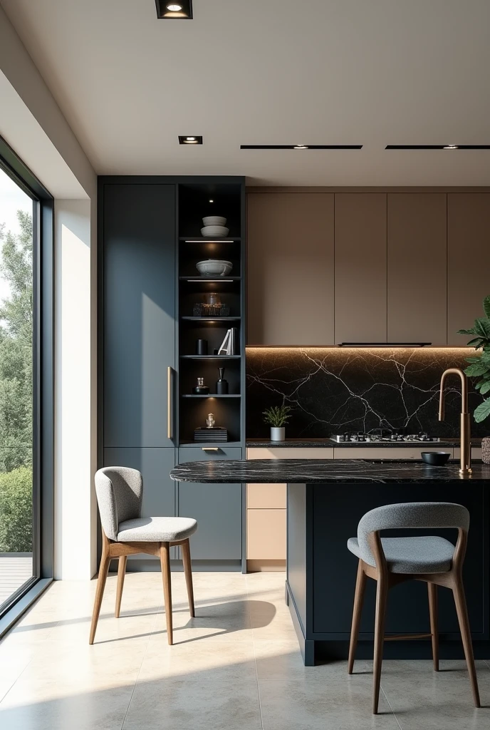 Professional 3d architecture rendering design of modern kitchen with   So dark blue vintage and dark beige  and dark gray  cabinets and  modern  so light  gray design chairs  shiny  black   marble island island and modern windows and complete showing kitchen and showing complete kitchen and modern windows and showing complete kitchen 