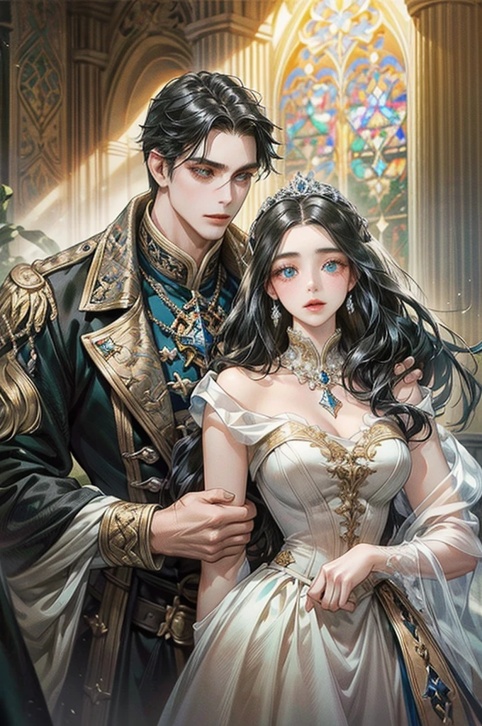 Young Beautiful Princess Bride (Black Hair Hour Glass Figure Jessica Green Adelaide Kane Molly Quinn Hyper Large Blue Eyes. BUFF TONED FIT Hyper MUSCULAR. . Hourglass Figure Large Bust Ultra-Realistic. ) And Prince Groom (Bearded Michael Seater) Smiling To Each Other Beautiful Church In The Background. Dickensian. Official Art Award Winning Digital Painting Digital Illustration Extreme Detail 4k Ultra Hd Rococo Polished Intricate Realistic Fantasy Art Sharp Focus Concept Art Art By Wlop Artgerm (2d Vector Illustration)
