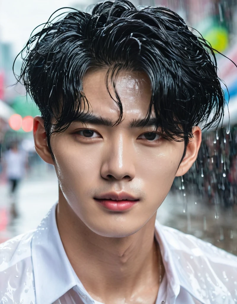 handsome korean man. fashion model, black hair. He look like kpop singers. Such as BTS, Cha Eun Woo, donghae. Detail face. He is now on the street. Wearing white colour shirt. Heavy rain by now. He got wet. Sexy look. Full body