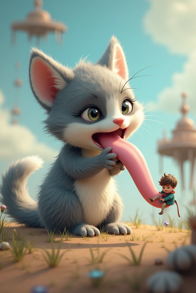 A furry ager cat with a kid sitting on the top of his tongue
