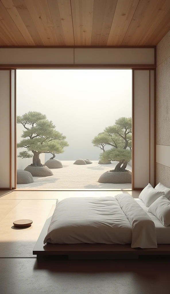 minimalist room overlooking a tranquil Zen garden, complete with raked sand, bonsai trees, and a trickling water feature. The bed is low to the ground with crisp white linens, a meditation cushion sits in the corner, and soft, diffused natural light filters in through paper shoji screens, creating a calm and reflective space.