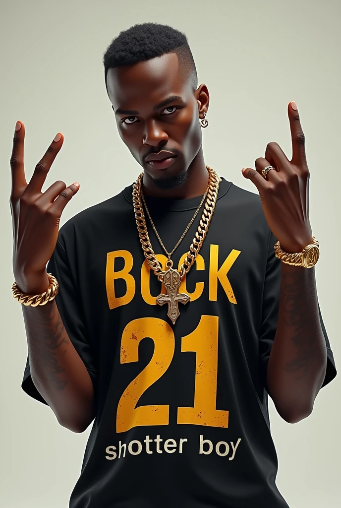 A 3d drawing of a man giving the middle finger with a gold chain that says “shotter boy” wearing a black shirt that says “super bock” on the top, in the middle part the number 21 and at the bottom it says “shotter boy” and wearing black shorts and white and black sneakers.