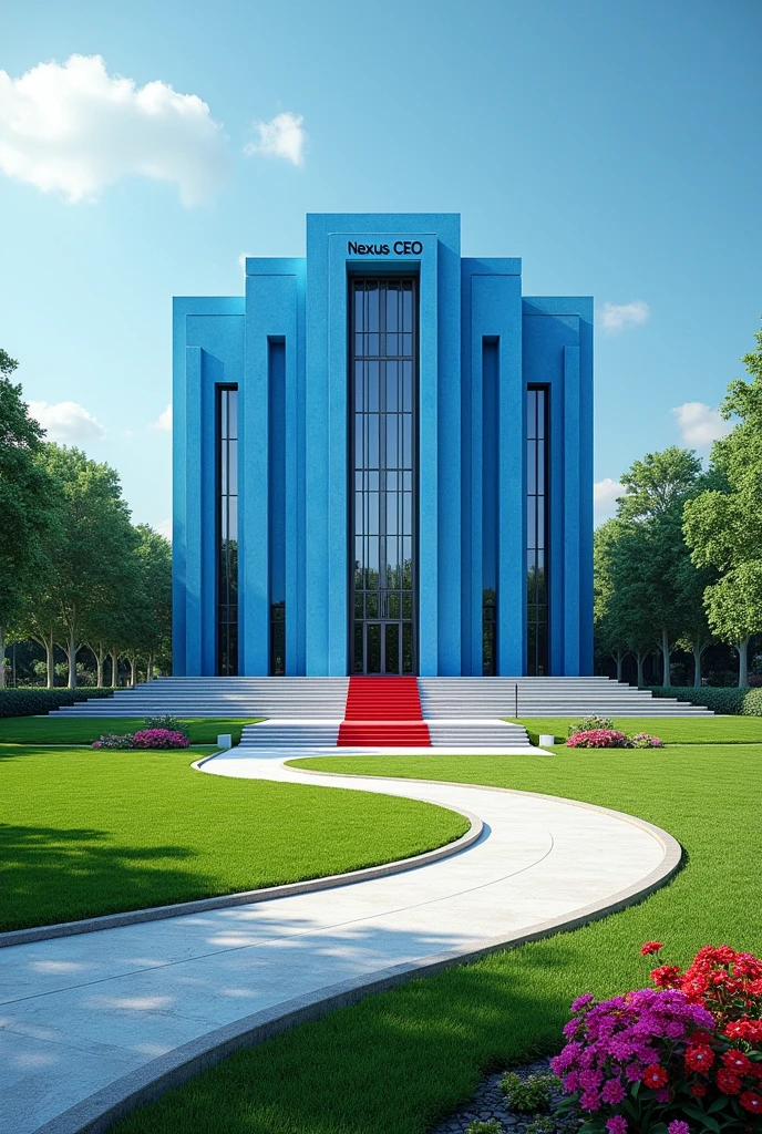 A full view of a sky blue building with American architecture, exquisite, beautiful and a very extended ground flour,on the entrance is a red carpet.The compound is full of grass and flowers altogether with a tarmac beautifuly shaped road it has it's own compound and no any other building around it.On the concrete of the building are the words NEXUS CEO