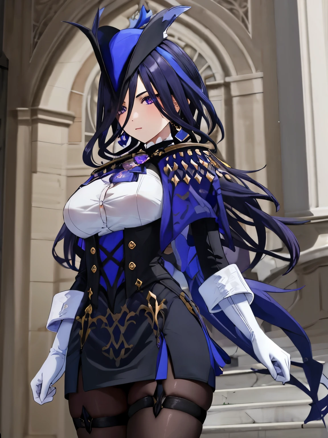 masterpiece, 32K UHD highest quality, Very detailed, 1 girl, alone, Jikunde, Purple eyes, Big Breasts, Hair between the eyes, Long Hair, Dark blue hair, Earrings, Black Skirt, mini skirt, pantyhose, Purple Ascot, Purple capelet, Black corset , black pantyhose, Black Skirt, White gloves, Have, tricorn Have, Fontaine.