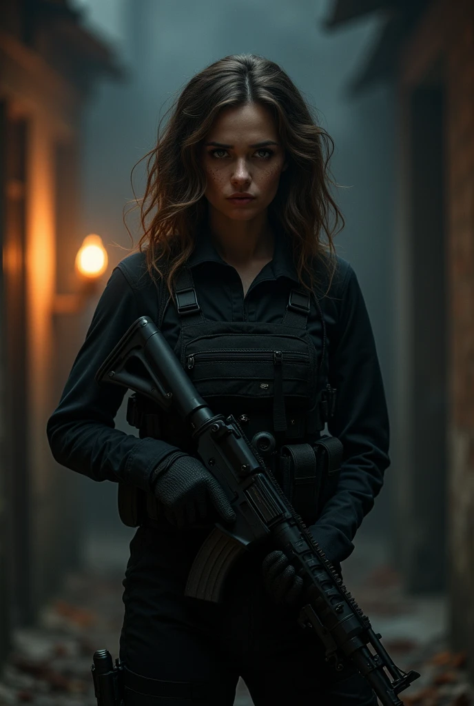 Anime Beautiful woman with shoulder-length wavy brown hair, wearing black tactical military clothing in a dark room lit by a candle, holding a gun with both hands and sighing