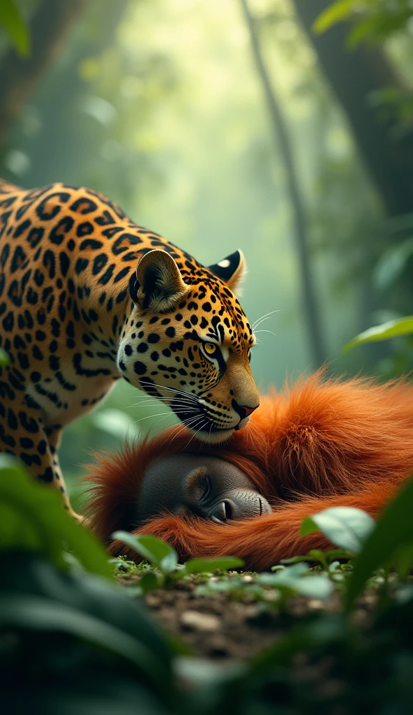 A serene jungle scene where a powerful Jaguar is seen crouching over a resting powerful big orangutan on the forest floor. The Jaguar, with its sharp yellow eyes, displays a protective and curious stance, while the orangutan sleeps peacefully, its orange fur contrasting with the Jaguar’s spotted coat. Soft rays of sunlight penetrate through the dense trees, casting a mystical glow over the scene, with the forest in the background shrouded in a light mist