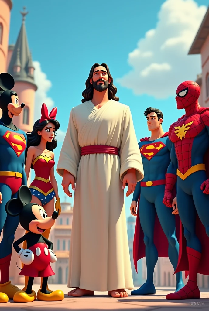 Animated cartoon of Mickey Mouse, mini mouse, Spiderman, superman, Wonder Woman, Batman, and Jesus Christ in the middle as the best superhero