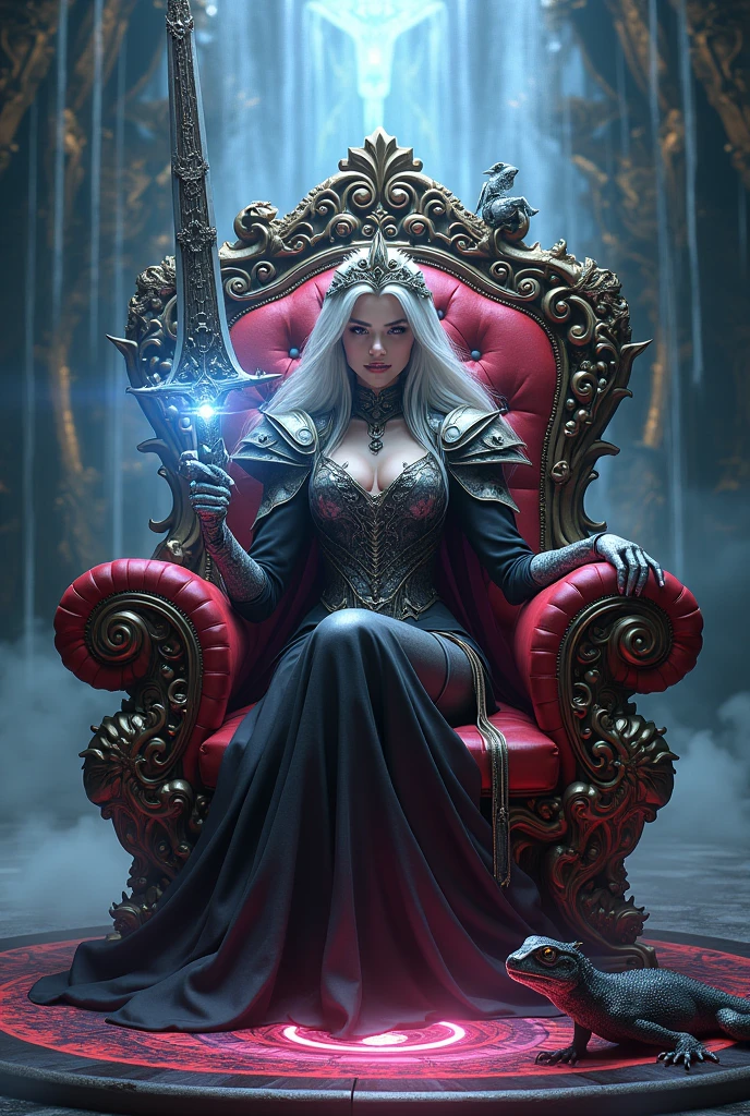 Surreal Very detailed Ultra Fantasy Ultimate Details Ultra-high resolution 8K 32k 3D Clear Eyes Silver Hair Sit on a chair 、He has a beautiful right hand, Possessing a mysterious and uniquely designed sword..In her left hand she holds a large, glowing pale blue crystal that emits dark energy.. assassin Fire-breathing demon anacondas on both shoulders mechanical engineering Mechanic Art . intricate and elaborate design, おmoney, money Silver Silver Red Black-purple Dynamic pose Cinema Lighting Magic Spell Aura Sit on a chair Pink magic circle design big, luxurious amulet made of money Bright colors purple girl A beautiful and mysterious magician nice, Mysterious and cool tiara The ultimate mysterious design Satanism Demon's Rainbow Armor Mysterious Devil's Chair textured armor girl Breaking the Magic Seal A demonic lizard at your feet A waterfall with a fantastic background flows from above Ultimate Splash