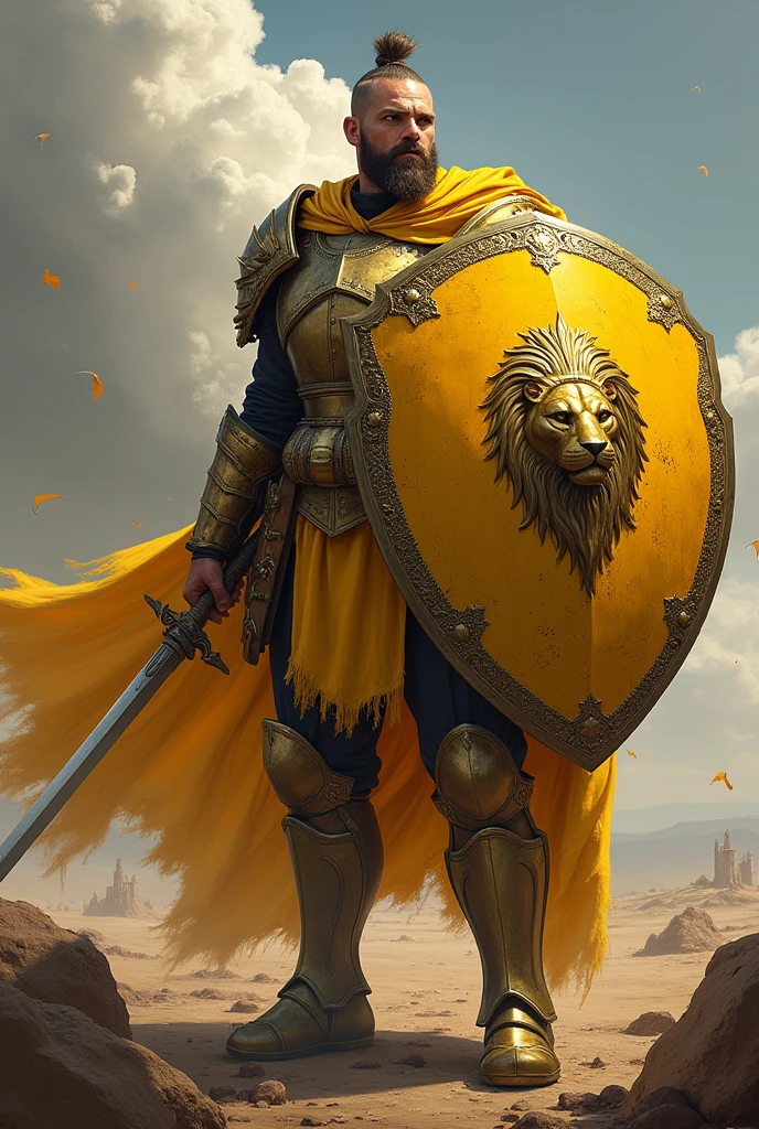 Warrior in yellow shield with lion shield facing