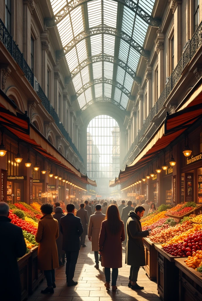 a bustling marketplace in madrid, san miguel market, fresh produce, vibrant colors, sunlight streaming through glass ceiling, crowds of people shopping, wooden stalls, old stone architecture, intricate iron details, warm tones, realistic,photorealistic,photo-realistic:1.37,(best quality,4k,8k,highres,masterpiece:1.2),ultra-detailed,(realistic,photorealistic,photo-realistic:1.37),intricate details,natural lighting,hyperrealistic,vibrant colors,architectural elements,crowded scene,market stalls,fresh fruits and vegetables,wooden structures,iron and glass accents,warm tones,bustling atmosphere