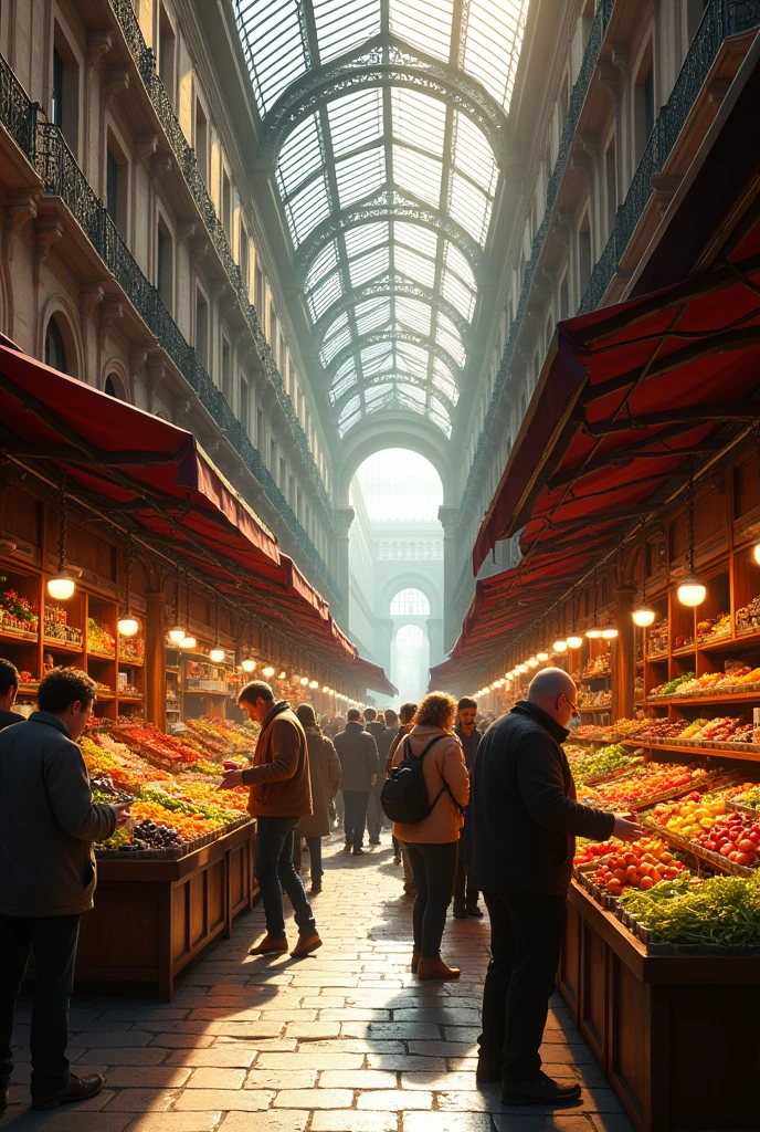 a bustling marketplace in madrid, san miguel market, fresh produce, vibrant colors, sunlight streaming through glass ceiling, crowds of people shopping, wooden stalls, old stone architecture, intricate iron details, warm tones, realistic,photorealistic,photo-realistic:1.37,(best quality,4k,8k,highres,masterpiece:1.2),ultra-detailed,(realistic,photorealistic,photo-realistic:1.37),intricate details,natural lighting,hyperrealistic,vibrant colors,architectural elements,crowded scene,market stalls,fresh fruits and vegetables,wooden structures,iron and glass accents,warm tones,bustling atmosphere