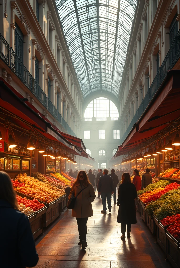 a bustling marketplace in madrid, san miguel market, fresh produce, vibrant colors, sunlight streaming through glass ceiling, crowds of people shopping, wooden stalls, old stone architecture, intricate iron details, warm tones, realistic,photorealistic,photo-realistic:1.37,(best quality,4k,8k,highres,masterpiece:1.2),ultra-detailed,(realistic,photorealistic,photo-realistic:1.37),intricate details,natural lighting,hyperrealistic,vibrant colors,architectural elements,crowded scene,market stalls,fresh fruits and vegetables,wooden structures,iron and glass accents,warm tones,bustling atmosphere