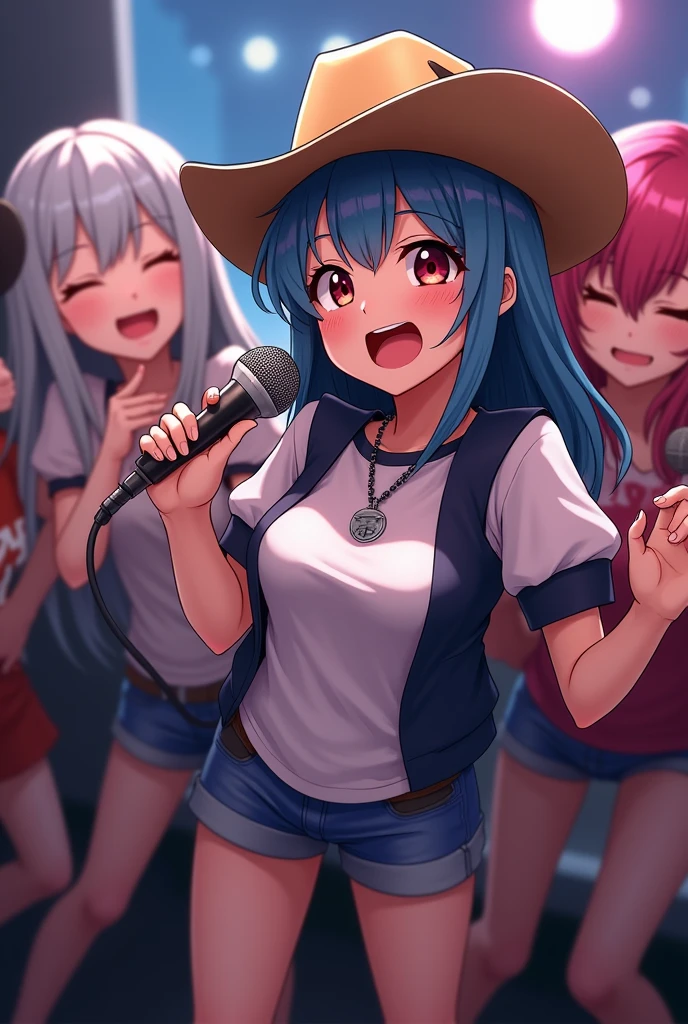 (photorealism:1.2), girls at a karaoke, singing with a cowboy hat