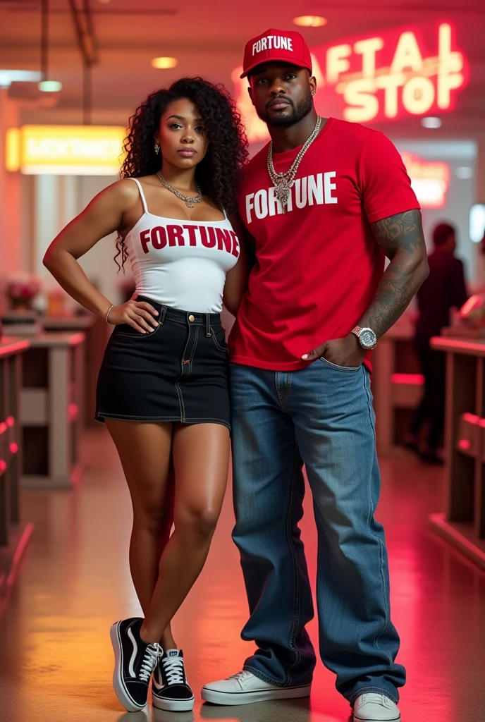 Imagine a realistic full-body image featuring a young blonde woman and a young blonde man., posing together in a setting that emulates a high-end magazine cover.
The girl, with a fit body, slightly large breasts and defined legs, He wears a red cap with the word 'CENTRAL' in large, prominent letters on the front.. She wears a white top with the word 'FORTUNE' in prominent black letters across the chest., a black denim miniskirt and Vans sneakers. His style is attractive and modern, and her confident and seductive attitude is reflected in her pose. The background should look like a magazine cover, highlighting your figure and presence with a vibrant and elegant design.
the boy, with the style of a rap star, He has short hair, Tattooed arms and a toned body. He wears a red cap with the word 'FORTUNE' in large, prominent letters.. Her red top has the word 'FORTUNE' in prominent white letters across the chest., complemented with wide jeans and Vans sneakers. She wears flashy jewelry and her attitude is powerful and confident.. The background should also simulate a magazine cover., with the phrase 'CENTRAL SHOP' prominently displayed, integrating the glamour of the surroundings with the imposing presence of the boy.
Make sure the lighting clearly highlights the words on the garments and the presence of both models, fusing the sophisticated style of a magazine cover with the appeal of a fashion star and a modern figure.