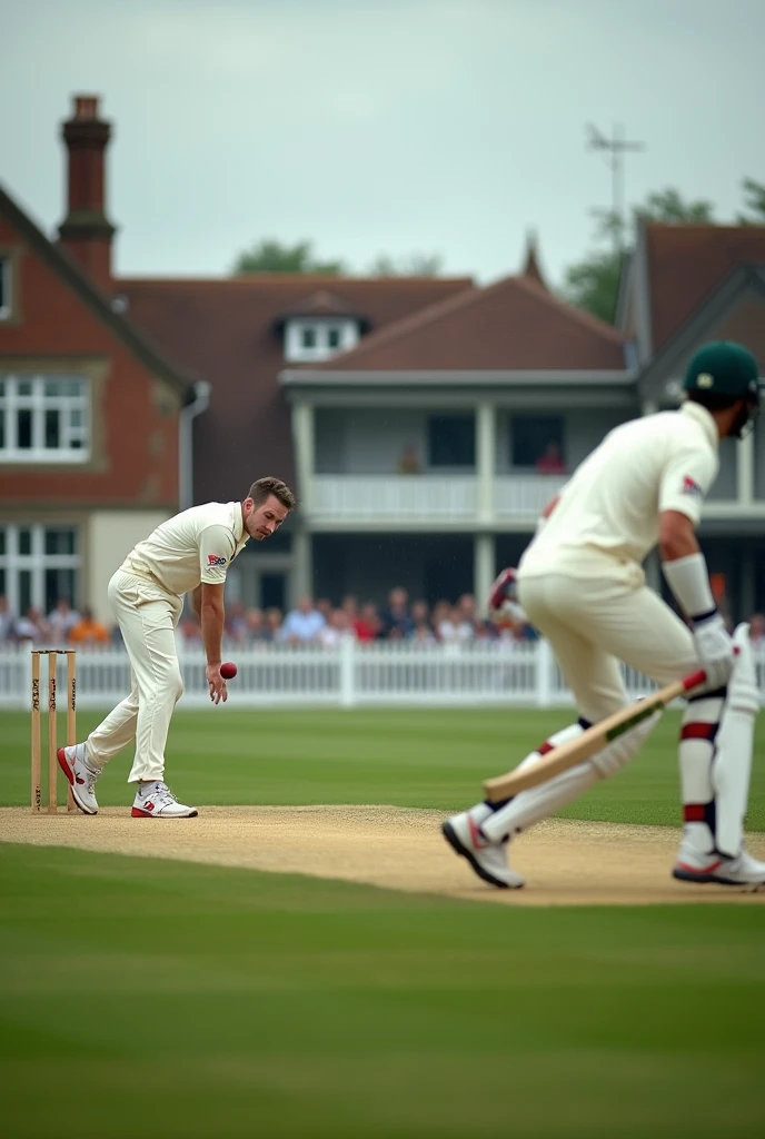Certainly! Here’s a more detailed description:
"A photo of a Test cricket match in England, captured on a cloudy afternoon. The scene shows a green, well-manicured pitch with a white boundary line. In the foreground, a bowler in traditional white kit is mid-delivery, his follow-through captured in motion. The batsman, wearing a white helmet and pads, is poised to play the ball, with a focused expression. Fielders are positioned in classic Test match placements: a slip cordon, a gully, and a short leg. The background reveals an iconic English cricket ground, with an old-fashioned pavilion and a crowd of spectators in the stands. The overcast sky and the slight drizzle add to the classic English cricket ambiance."
