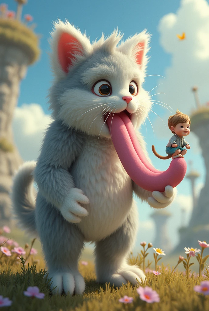 A furry ager cat with a kid sitting on the top of his tongue