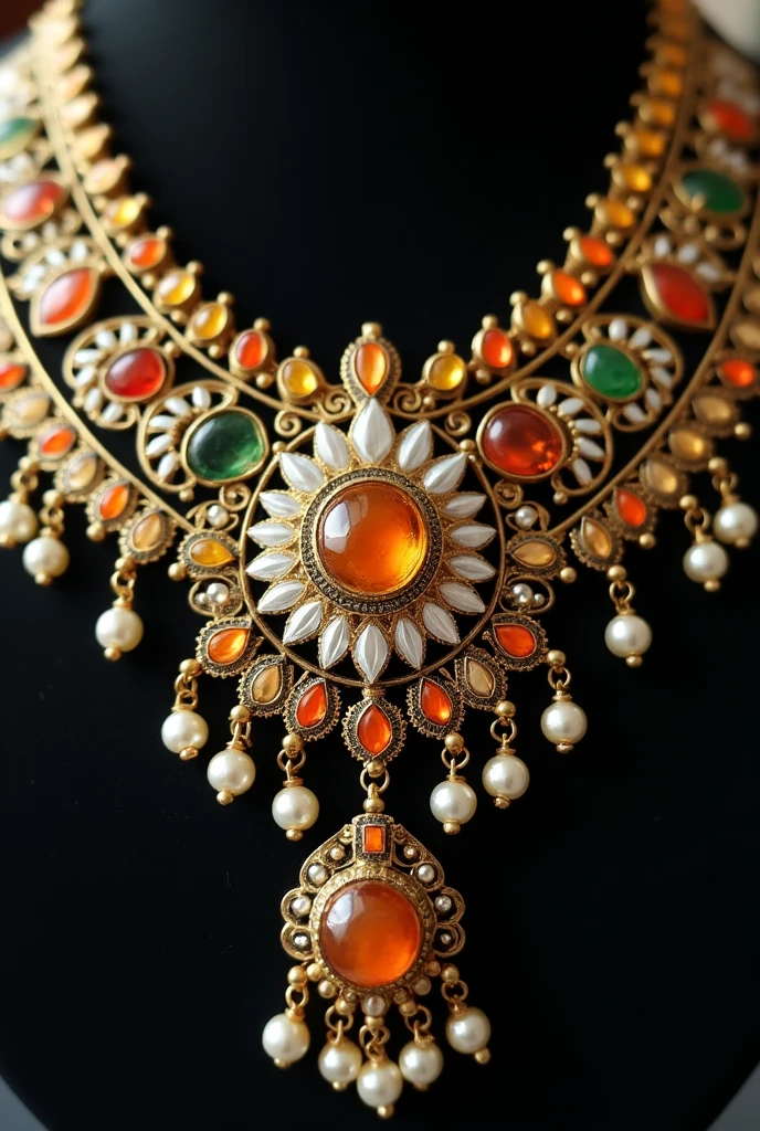 A gold necklace with orange , white and green stones, black oxidised, white pearl, meenakari