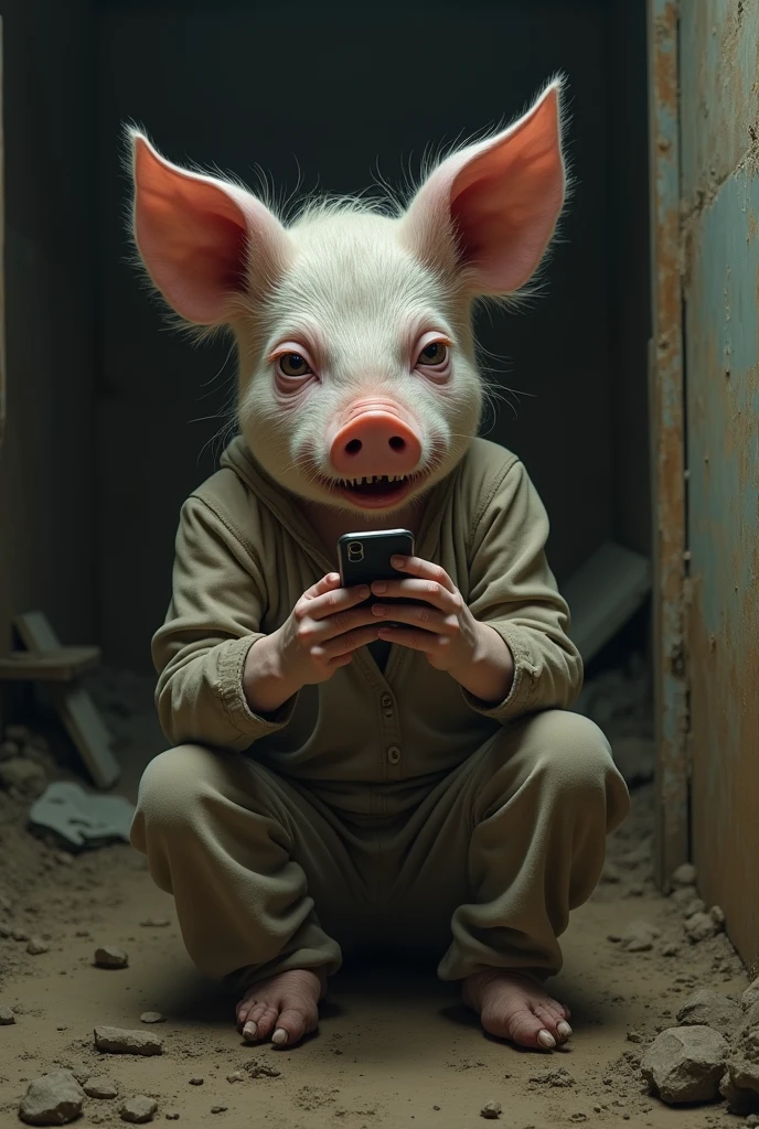 Take me a picture of a with a pig's face and a cell phone, writing anxiously, and make it look like the child is annoying, that it's a girl and that it's very, very ugly, that it's not cute, and that in the background it's in a corral and it's muddy, that it's dirty, ugly, disgusting, filthy, and annoying.