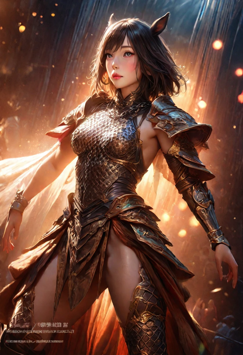 A centaur, cute yuna torso, wearing fantasy warrior sexy chain mail, lower body sleek black horse, low view looking up at her, centaur strong imperious pose, best quality, 4k, 8k, highres, masterpiece:1.2, ultra-detailed, realistic, photorealistic, photo-realistic:1.37, HDR, UHD, studio lighting, ultra-fine painting, sharp focus, physically-based rendering, extreme detail description, professional, vivid colors, bokeh, fantasy, concept art, dramatic lighting, dramatic pose, intricate details, detailed armor, detailed facial features, beautiful detailed eyes, beautiful detailed lips, extremely detailed eyes and face, long eyelashes, chiaroscuro, cinematic lighting, dramatic shadows, warm color tones
