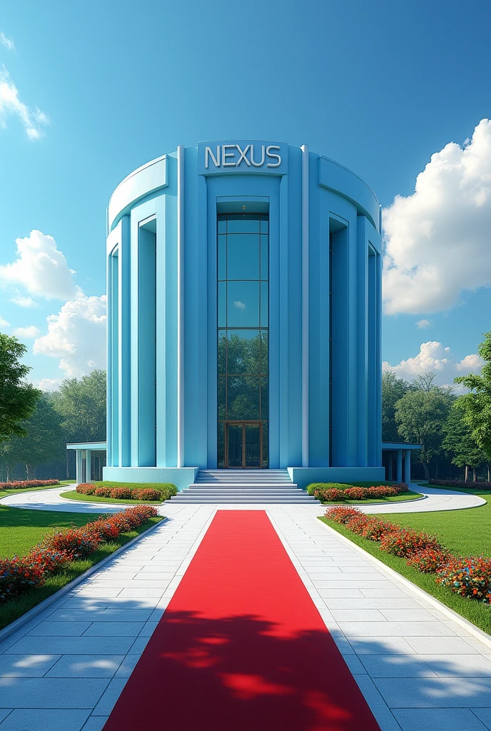 A full view of a sky blue building with American architecture, exquisite, beautiful and a very extended ground flour,on the entrance is a red carpet.The compound is full of grass and flowers altogether with a tarmac beautifuly shaped road it has it's own compound and no any other building around it.On the concrete of the building are the words NEXUS CEO