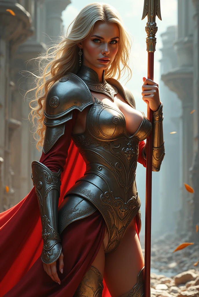 masterpiece, best quality, official art, extremely detailed CG unity 8k wallpaper,absurdres,8k resolution, exquisite facial features, prefect face, Cinematic Lighting, dynamic lighting, volumetric lighting maximalist photo illustration: by Marton bobzert, 8k resolution concept art intricately detailed, complex, elegant, majestic, ecstasy, fantastical, aspect ratio:16:9, shining armor, Fantasy detailers, a woman (Beautiful face, Supermodel) in armor, standing holding a spear, Fantasy detailers, looking_at_viewer, front view, sexy woman, big breasts,