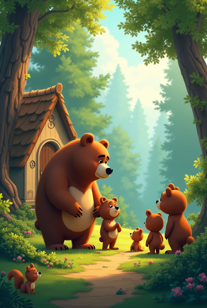Benito the bear very sad , He asks for forgiveness from his mother bear and father bear and his 3 little bear brothers and promised never to leave again., in the forest in his little house. colorful animated image
