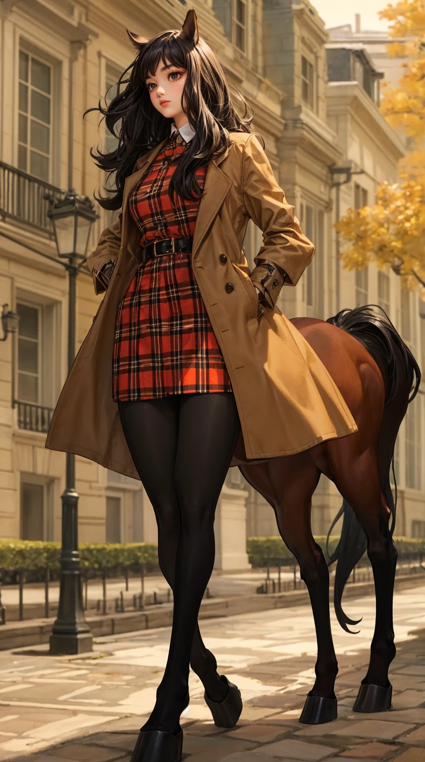 9best quality, photorealistic, ultra-detailed), a centaur supermodel is walking runaway with the stylish autumn outfit designed by top fashion houses