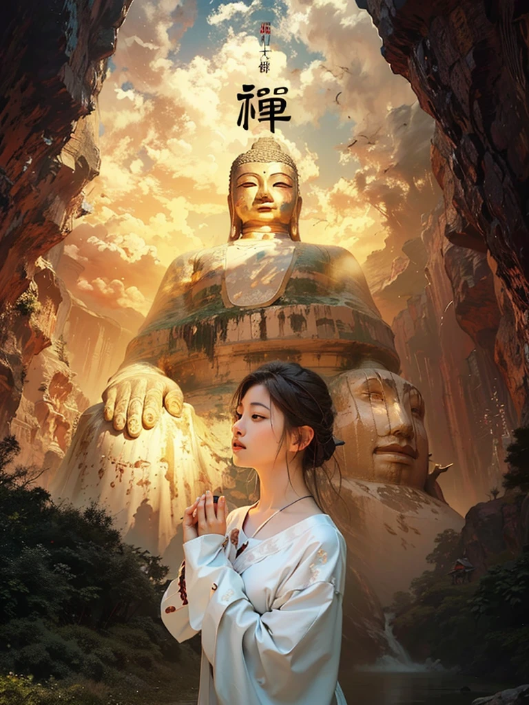 best quality,masterpiece,Ultra-high resolution,(Reality:1.4),xiuxian,Delicate face,A person standing in front of the Buddha and praying,Rock Buddha,Wearing Hanfu