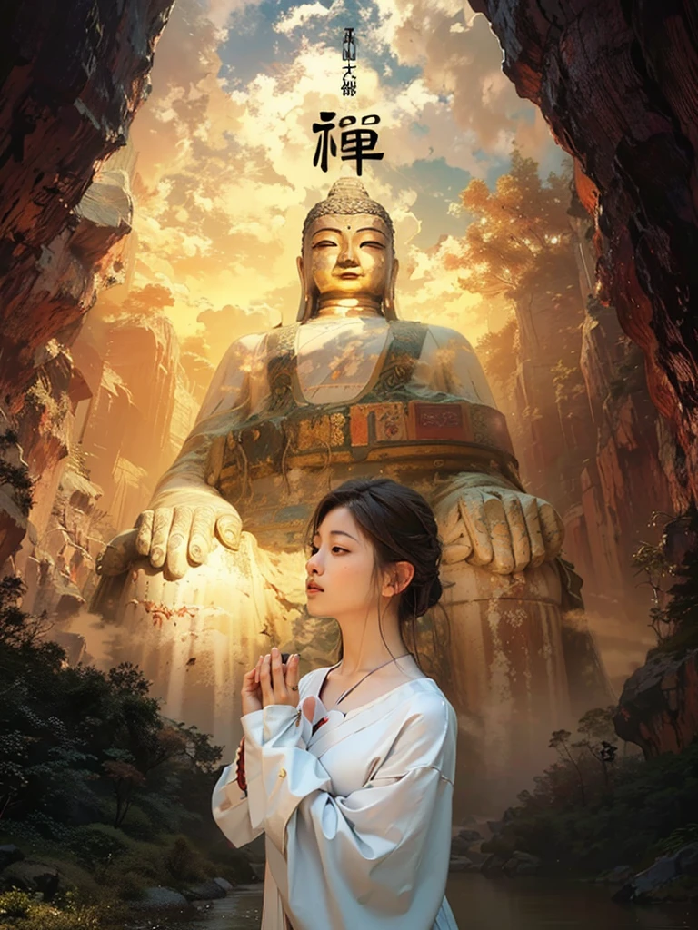 best quality,masterpiece,Ultra-high resolution,(Reality:1.4),xiuxian,Delicate face,A person standing in front of the Buddha and praying,Rock Buddha,Wearing Hanfu