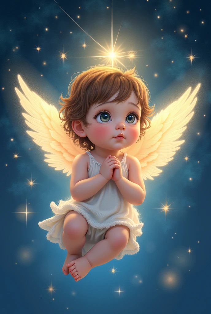 A drawing for a magical tale of a , of Brown hair, that is an angel that God brought to earth.
It must have a starry background