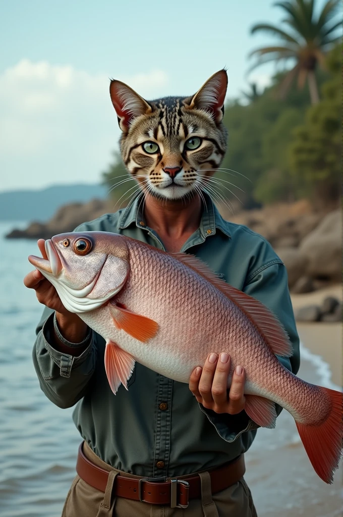 Photography of an adult male fisherman holding a large snapper but with a cat's head..48KHD resolution,realistic,hyperrealistic,naturalistic,intricate details like real.