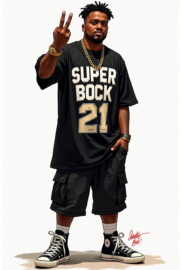 A drawing of a man giving the middle finger with a gold chain that says “shotter boy” wearing a black shirt that says “super bock” on the top, in the middle part the number 21 and at the bottom it says “shotter boy” and wearing black shorts and white and black sneakers.