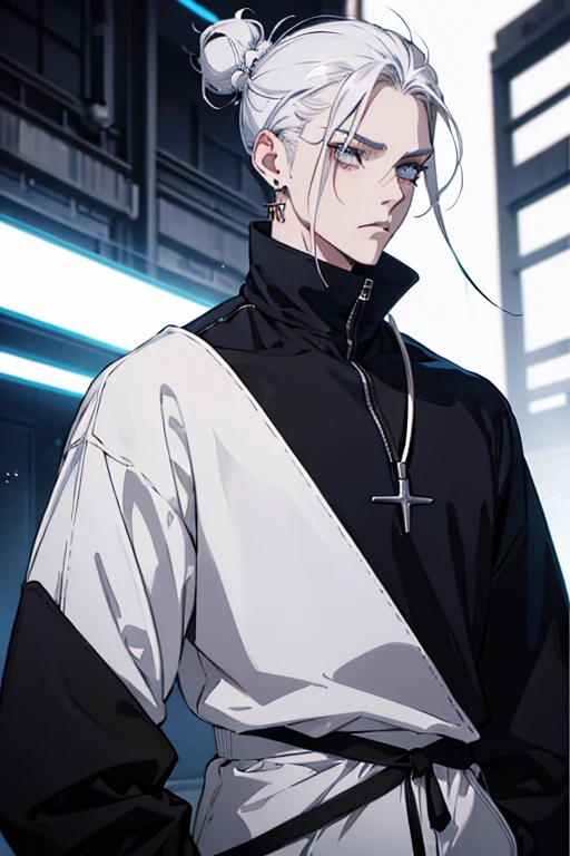 Anime man gradient young white hair short shaved sides flip hair bun to left side in middle serious face with black earrings black sweatshirt speed jeans futuristic clothes black dark circles big black hair big brown hair extremely futuristic clothes futuristic clothes skinny sweatshirt black jeans male cloak that covers the shoulders