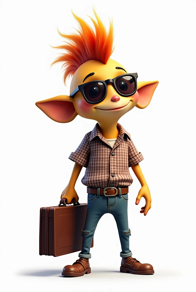 Flork in mohawk hair drawing sunglasses in a checkered shirt in his hand a briefcase white background png